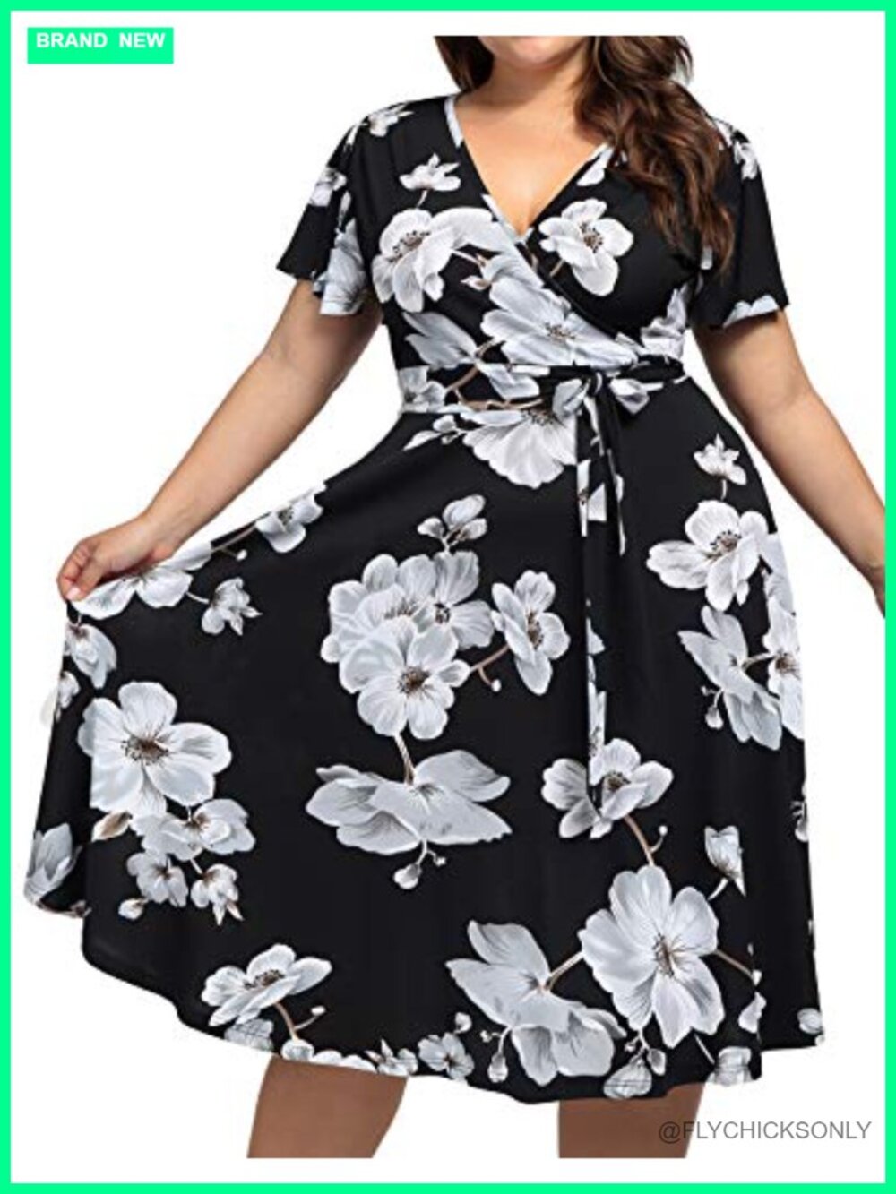 Plus Size Floral V Neck Midi Dress A Line Cocktail Party Pleated